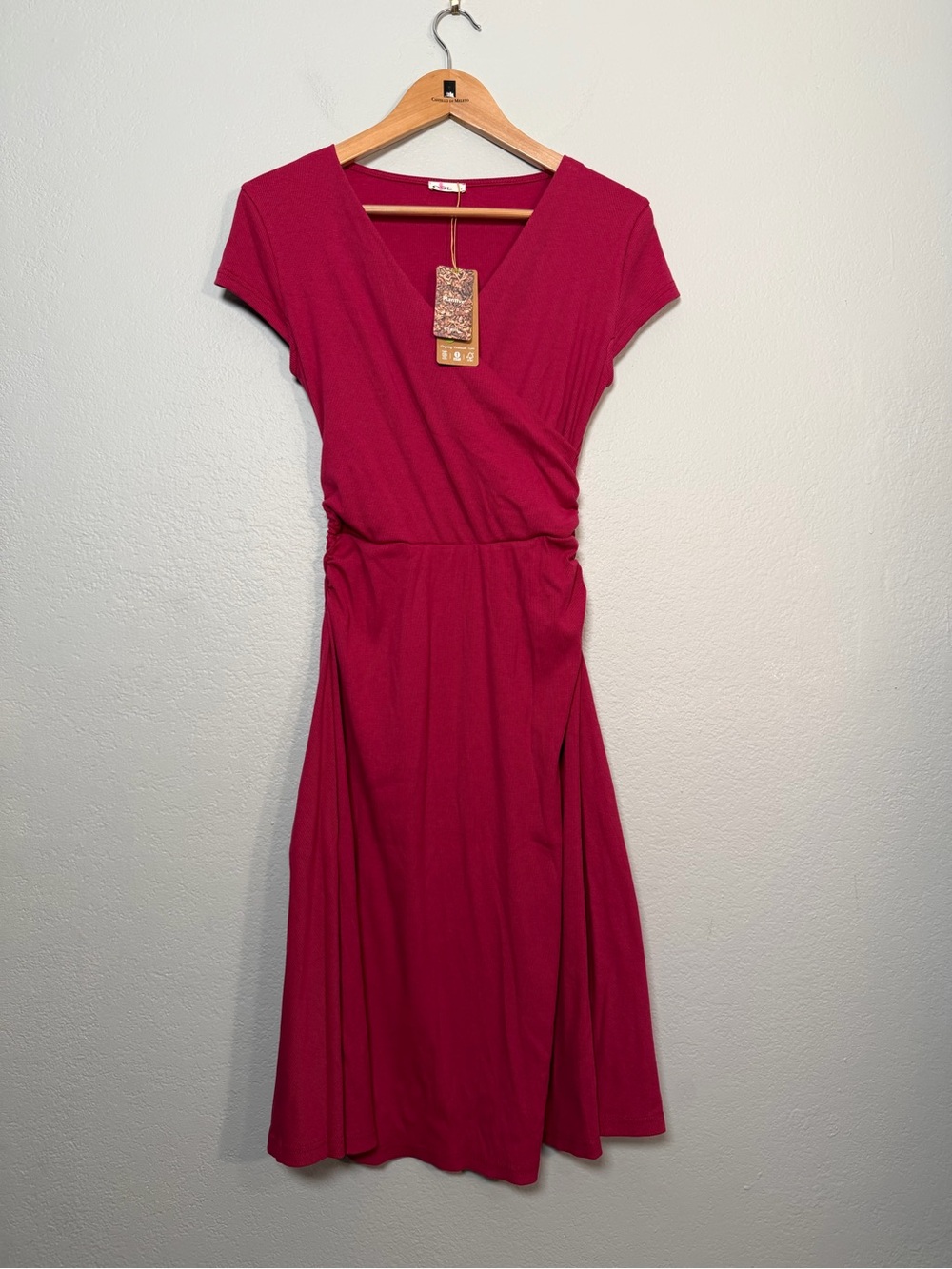 OGL Pink V-Neck Midi Dress stretch ruched sides Plantive size Small NEW